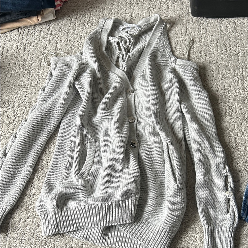 Guess Light Gray Lace-Up Cold-Shoulder Cardigan